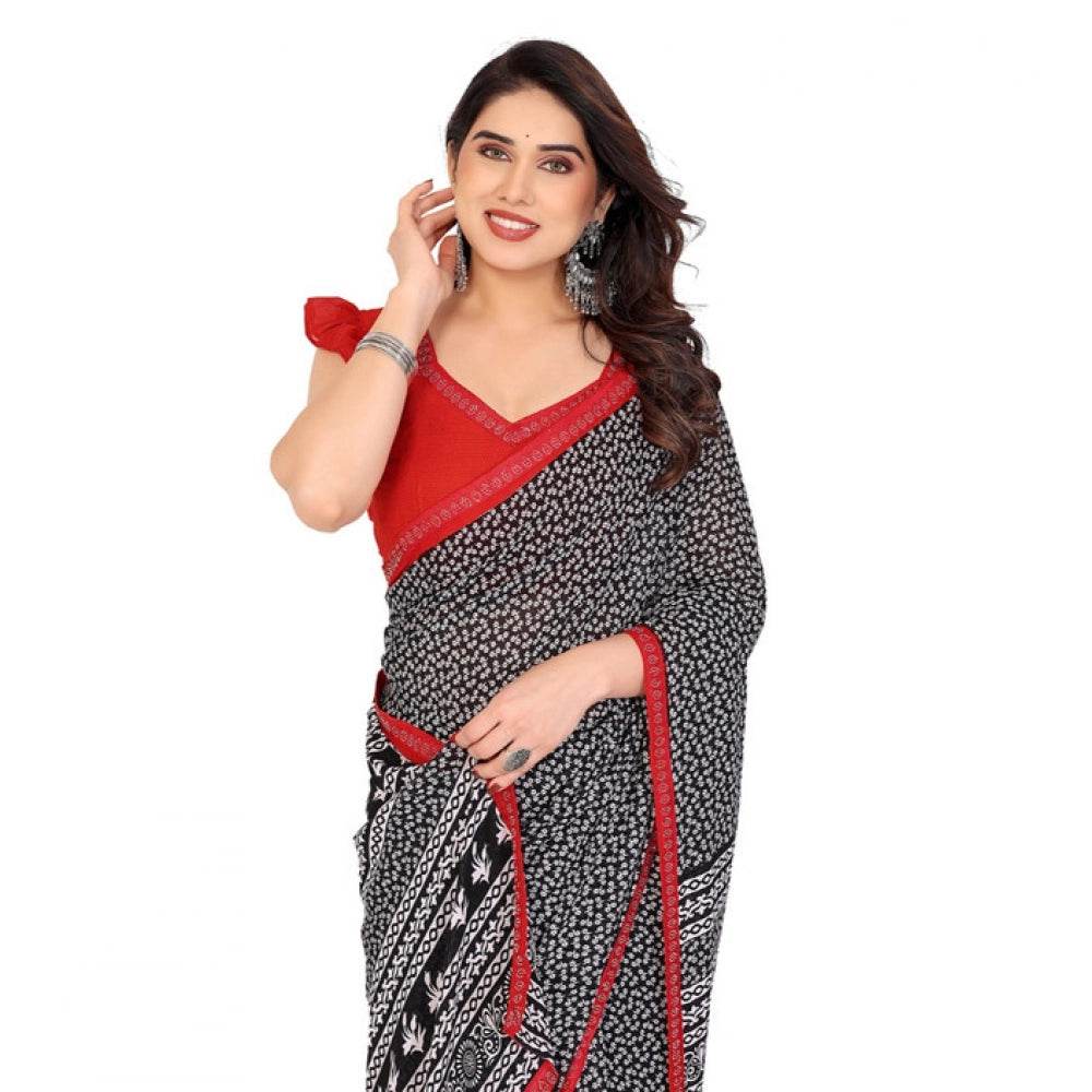 Generic Women's Georgette Printed Saree With Unstitched Blouse 5.5Mtr (Black) - MYLUXURY LANE ENTERPRISE