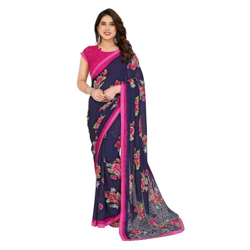 Generic Women's Georgette Printed Saree With Unstitched Blouse 5.5Mtr (Blue) - MYLUXURY LANE ENTERPRISE