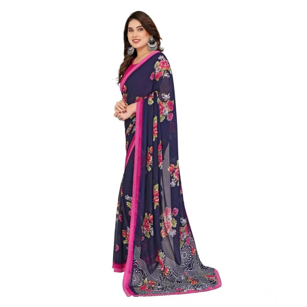 Generic Women's Georgette Printed Saree With Unstitched Blouse 5.5Mtr (Blue) - MYLUXURY LANE ENTERPRISE