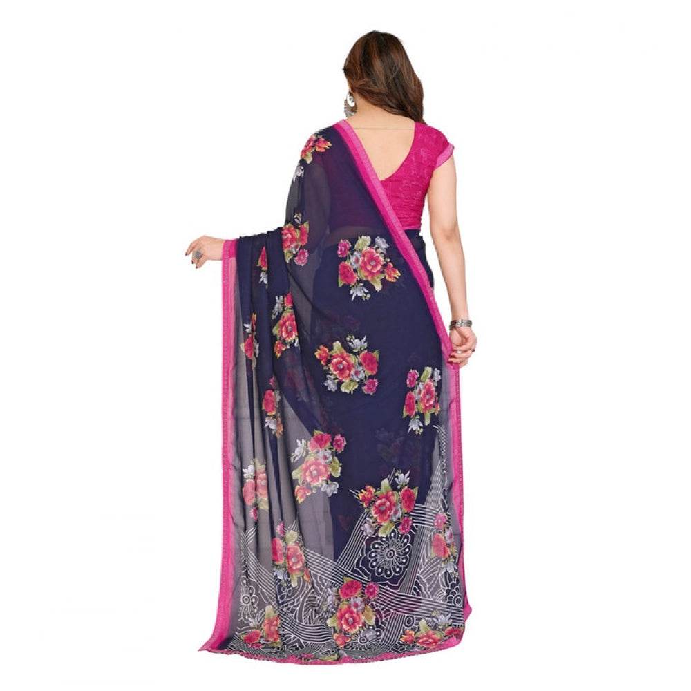 Generic Women's Georgette Printed Saree With Unstitched Blouse 5.5Mtr (Blue) - MYLUXURY LANE ENTERPRISE