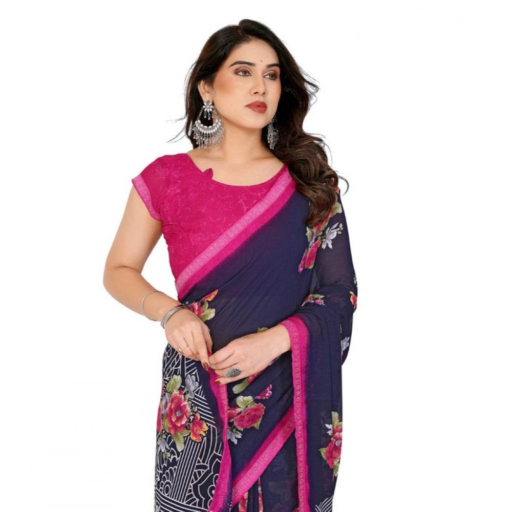 Generic Women's Georgette Printed Saree With Unstitched Blouse 5.5Mtr (Blue) - MYLUXURY LANE ENTERPRISE