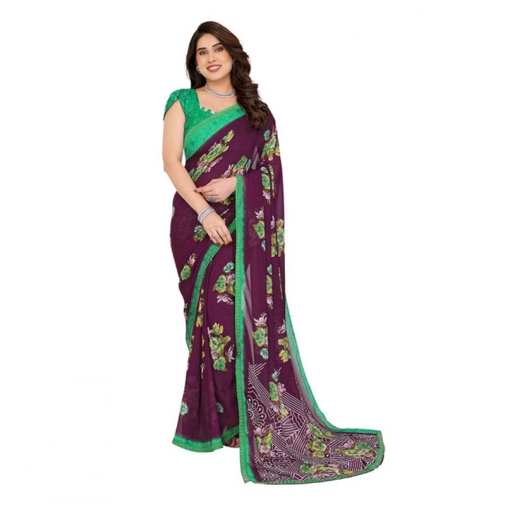 Generic Women's Georgette Printed Saree With Unstitched Blouse 5.5Mtr (Maroon) - MYLUXURY LANE ENTERPRISE