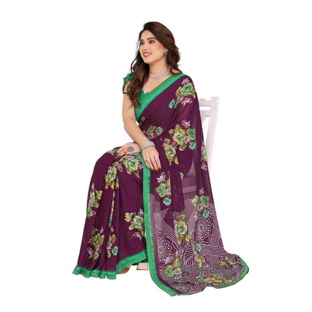 Generic Women's Georgette Printed Saree With Unstitched Blouse 5.5Mtr (Maroon) - MYLUXURY LANE ENTERPRISE