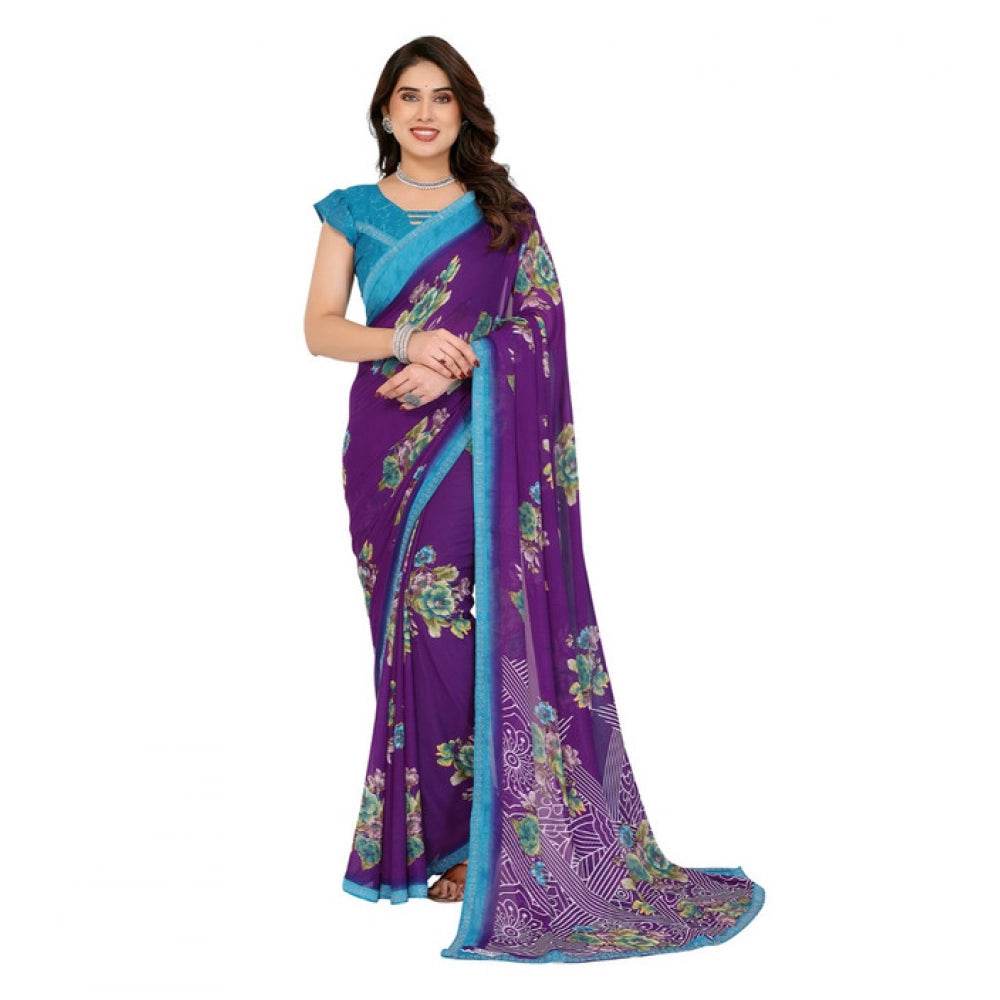 Generic Women's Georgette Printed Saree With Unstitched Blouse 5.5Mtr (Purple) - MYLUXURY LANE ENTERPRISE