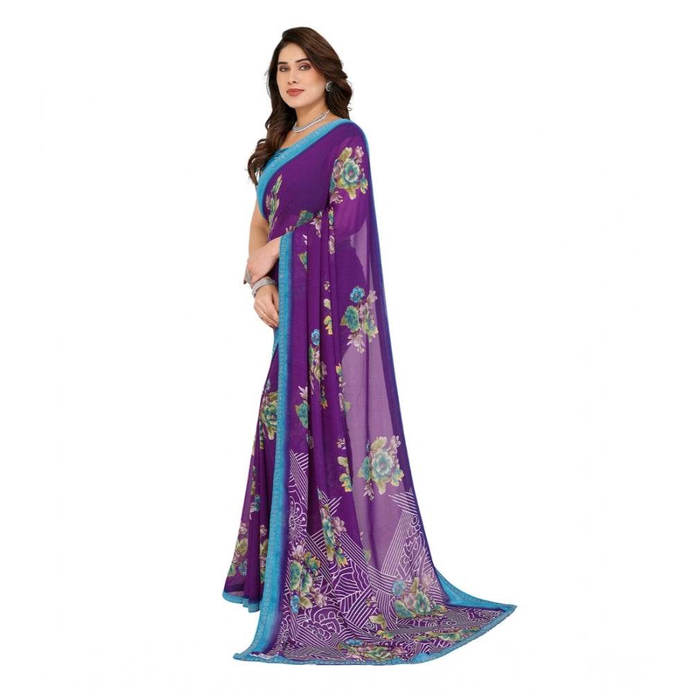 Generic Women's Georgette Printed Saree With Unstitched Blouse 5.5Mtr (Purple) - MYLUXURY LANE ENTERPRISE