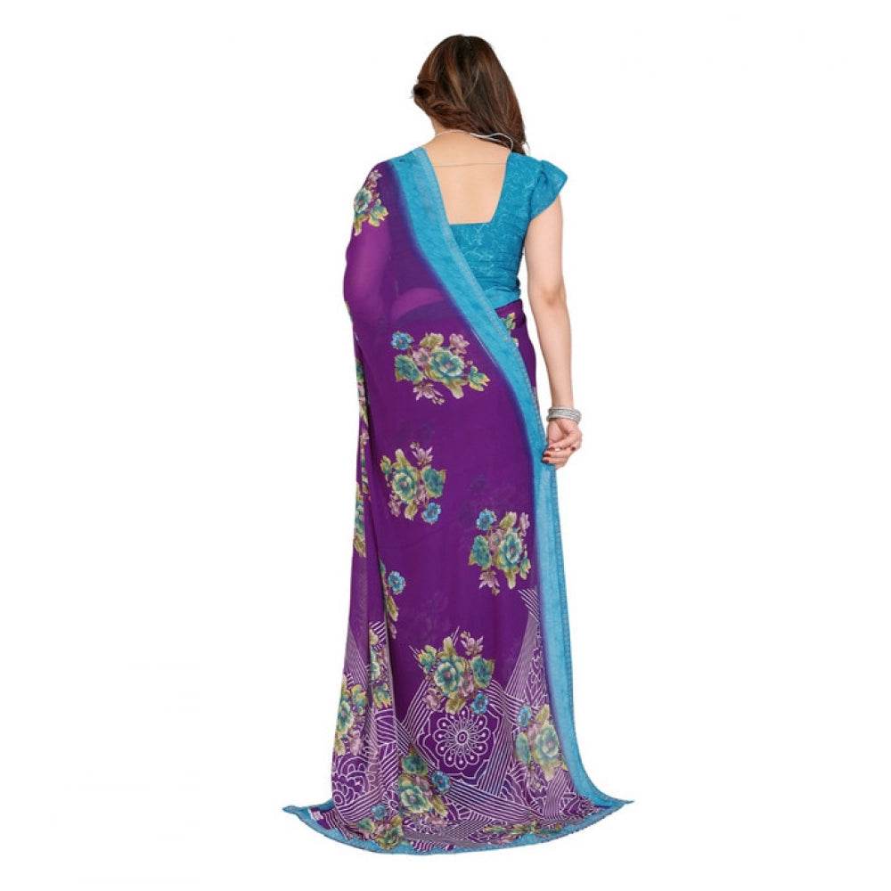 Generic Women's Georgette Printed Saree With Unstitched Blouse 5.5Mtr (Purple) - MYLUXURY LANE ENTERPRISE