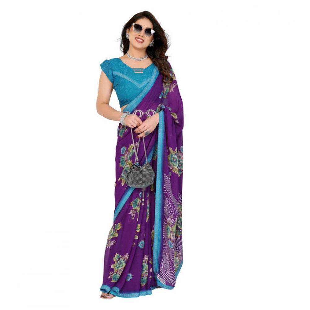 Generic Women's Georgette Printed Saree With Unstitched Blouse 5.5Mtr (Purple) - MYLUXURY LANE ENTERPRISE