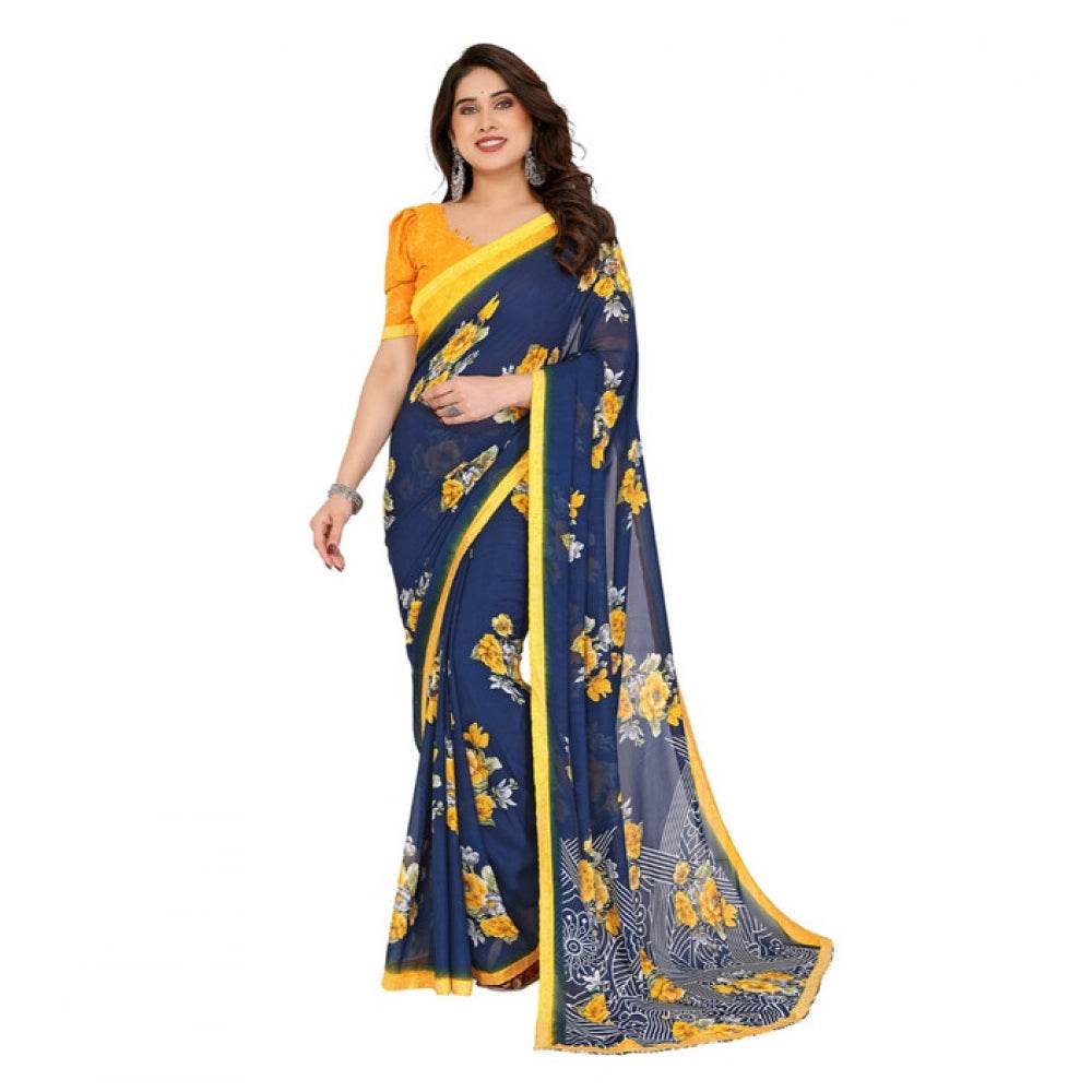 Generic Women's Georgette Printed Saree With Unstitched Blouse 5.5Mtr (Blue) - MYLUXURY LANE ENTERPRISE