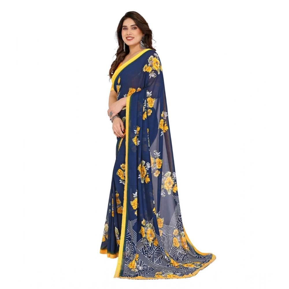 Generic Women's Georgette Printed Saree With Unstitched Blouse 5.5Mtr (Blue) - MYLUXURY LANE ENTERPRISE