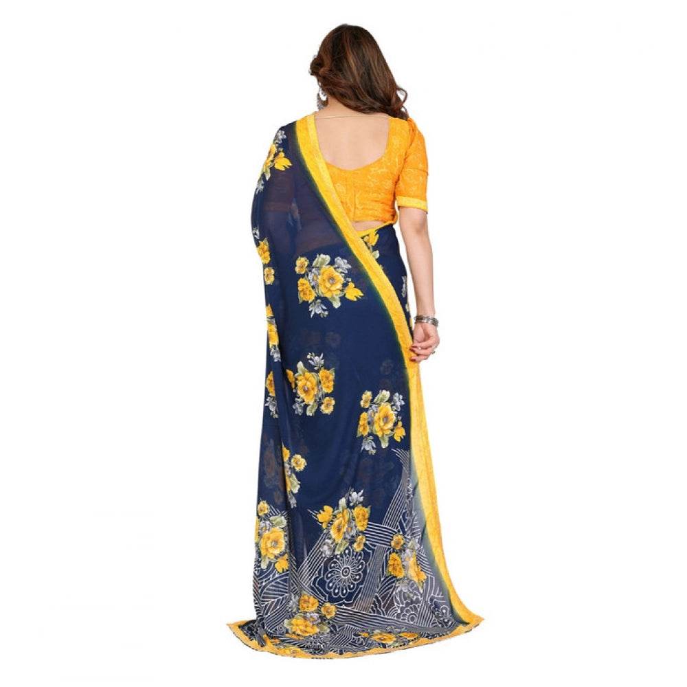 Generic Women's Georgette Printed Saree With Unstitched Blouse 5.5Mtr (Blue) - MYLUXURY LANE ENTERPRISE