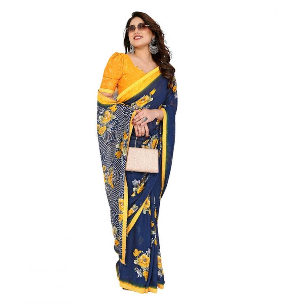 Generic Women's Georgette Printed Saree With Unstitched Blouse 5.5Mtr (Blue) - MYLUXURY LANE ENTERPRISE