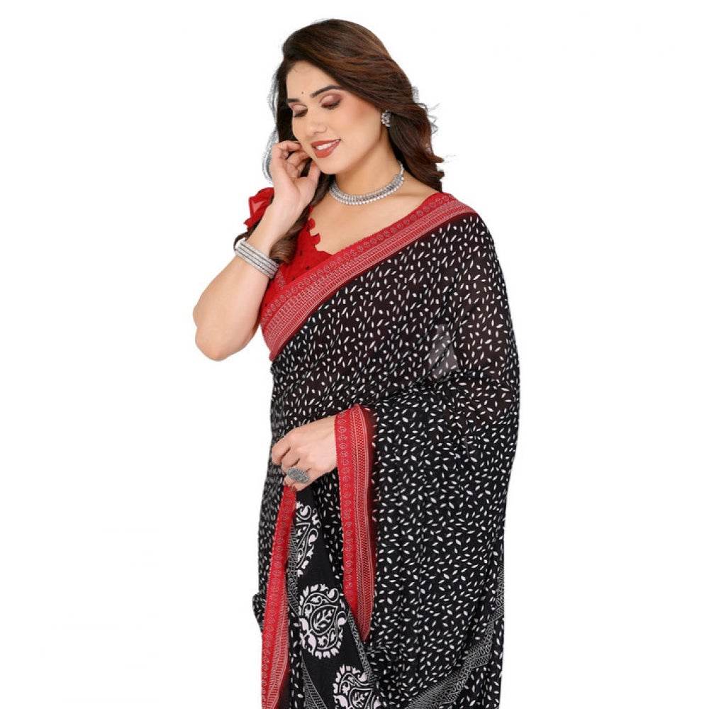 Generic Women's Georgette Printed Saree With Unstitched Blouse 5.5Mtr (Black) - MYLUXURY LANE ENTERPRISE