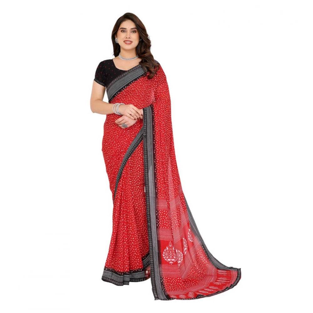 Generic Women's Georgette Printed Saree With Unstitched Blouse 5.5Mtr (Red) - MYLUXURY LANE ENTERPRISE