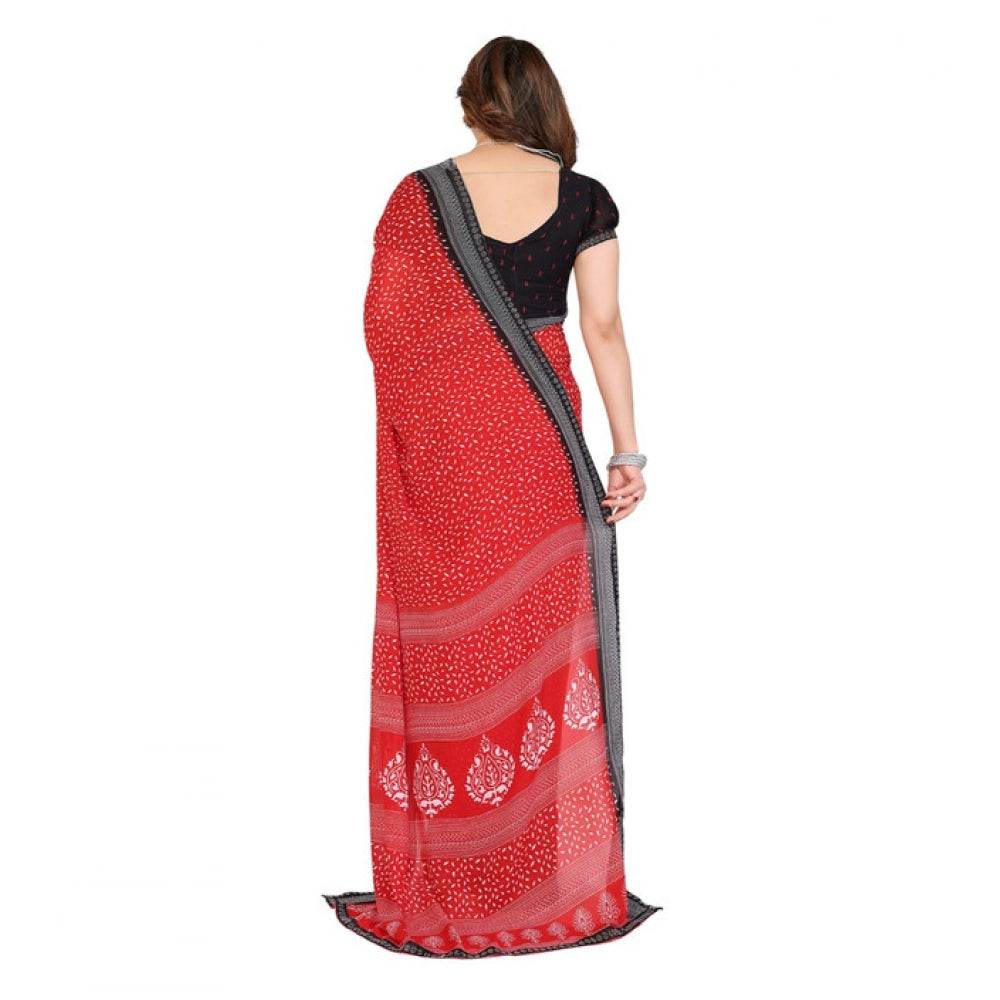 Generic Women's Georgette Printed Saree With Unstitched Blouse 5.5Mtr (Red) - MYLUXURY LANE ENTERPRISE