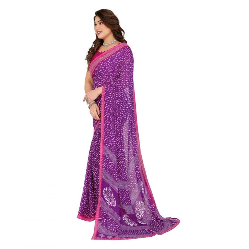 Generic Women's Georgette Printed Saree With Unstitched Blouse 5.5Mtr (Purple) - MYLUXURY LANE ENTERPRISE