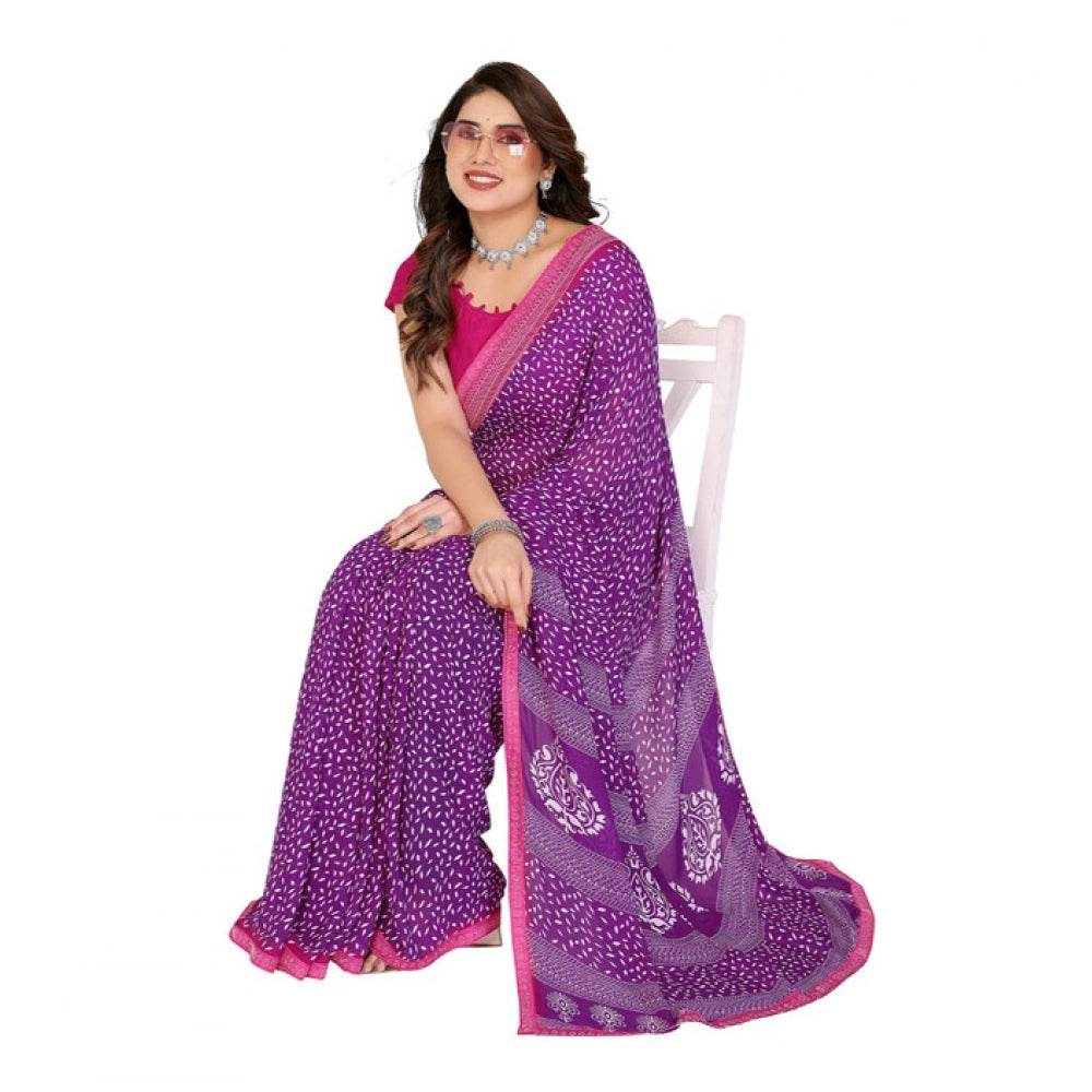 Generic Women's Georgette Printed Saree With Unstitched Blouse 5.5Mtr (Purple) - MYLUXURY LANE ENTERPRISE