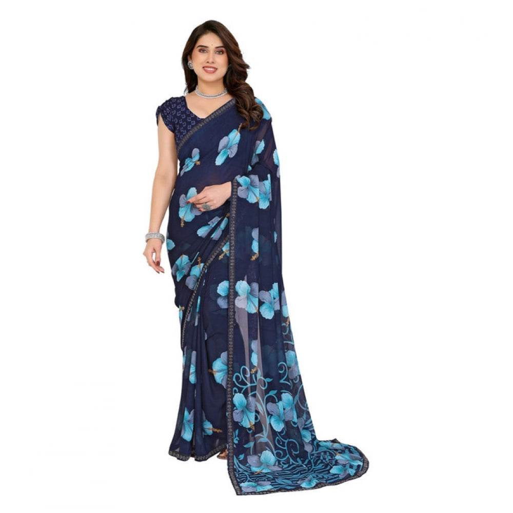 Generic Women's Georgette Printed Saree With Unstitched Blouse 5.5Mtr (Navy Blue) - MYLUXURY LANE ENTERPRISE