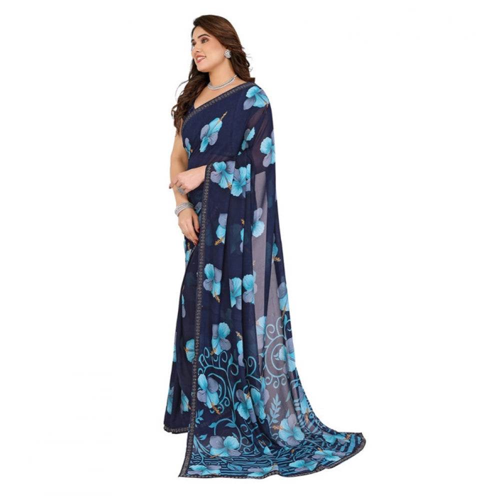 Generic Women's Georgette Printed Saree With Unstitched Blouse 5.5Mtr (Navy Blue) - MYLUXURY LANE ENTERPRISE