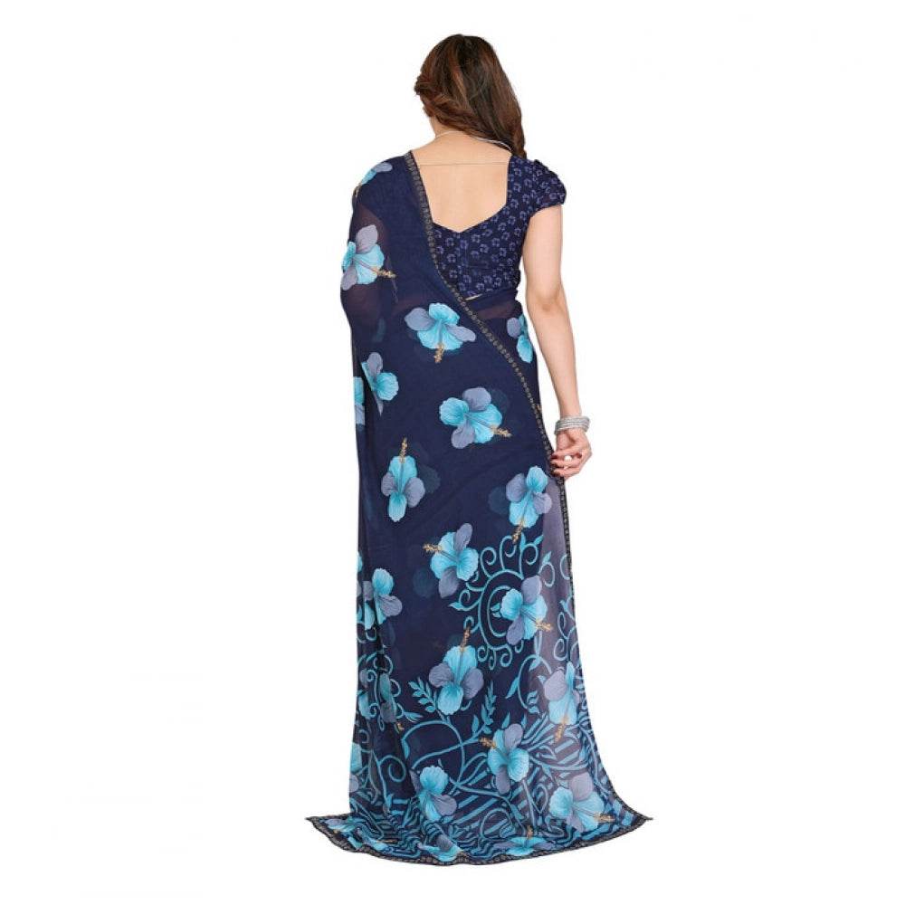 Generic Women's Georgette Printed Saree With Unstitched Blouse 5.5Mtr (Navy Blue) - MYLUXURY LANE ENTERPRISE