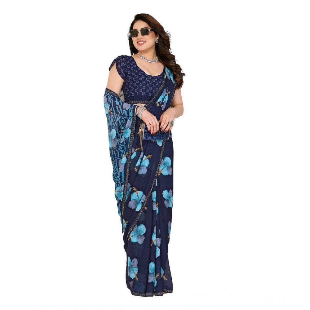 Generic Women's Georgette Printed Saree With Unstitched Blouse 5.5Mtr (Navy Blue) - MYLUXURY LANE ENTERPRISE