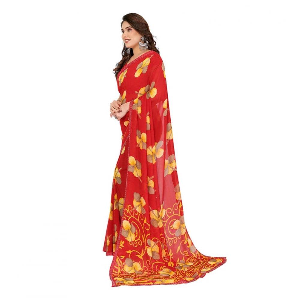 Generic Women's Georgette Printed Saree With Unstitched Blouse 5.5Mtr (Orange) - MYLUXURY LANE ENTERPRISE