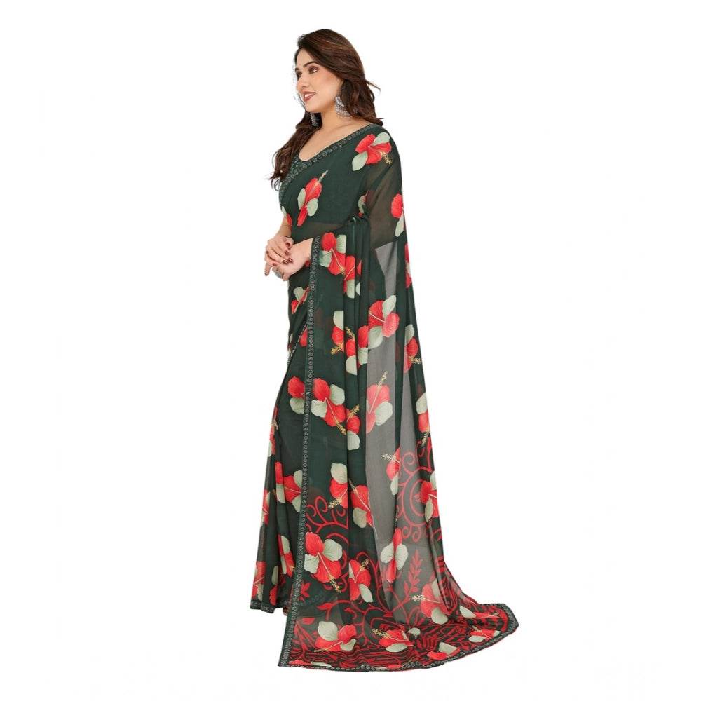 Generic Women's Georgette Printed Saree With Unstitched Blouse 5.5Mtr (Green) - MYLUXURY LANE ENTERPRISE