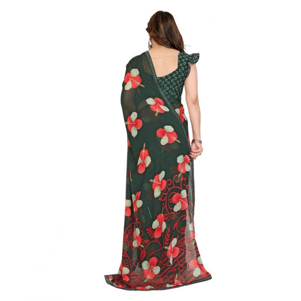 Generic Women's Georgette Printed Saree With Unstitched Blouse 5.5Mtr (Green) - MYLUXURY LANE ENTERPRISE