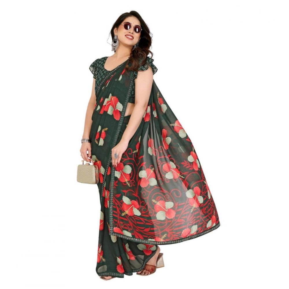 Generic Women's Georgette Printed Saree With Unstitched Blouse 5.5Mtr (Green) - MYLUXURY LANE ENTERPRISE