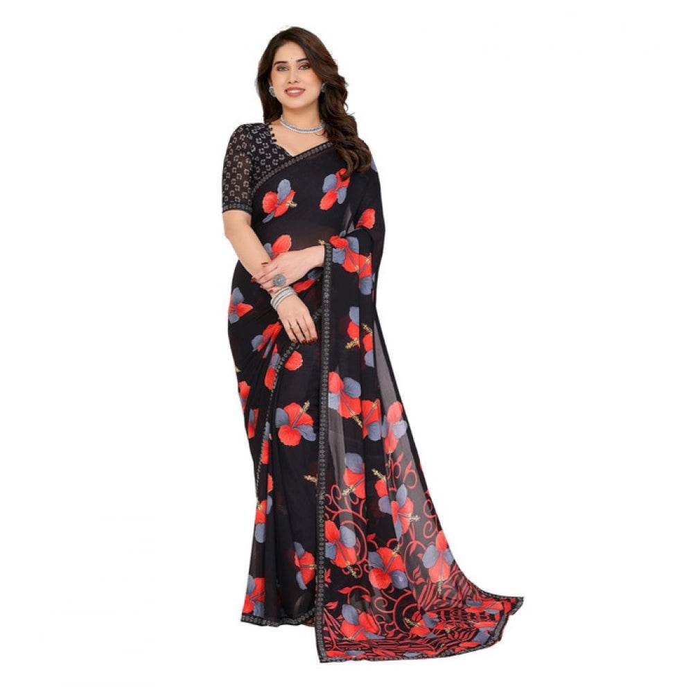 Generic Women's Georgette Printed Saree With Unstitched Blouse 5.5Mtr (Black) - MYLUXURY LANE ENTERPRISE