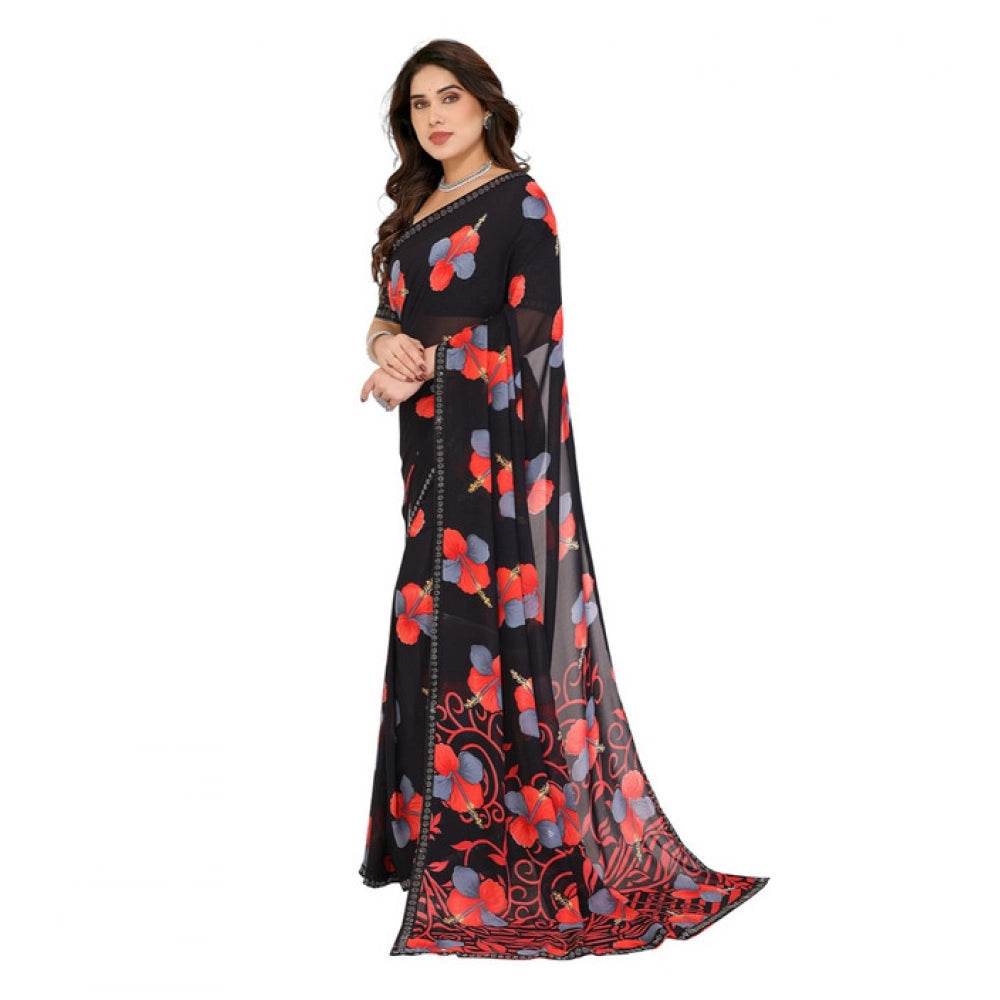 Generic Women's Georgette Printed Saree With Unstitched Blouse 5.5Mtr (Black) - MYLUXURY LANE ENTERPRISE