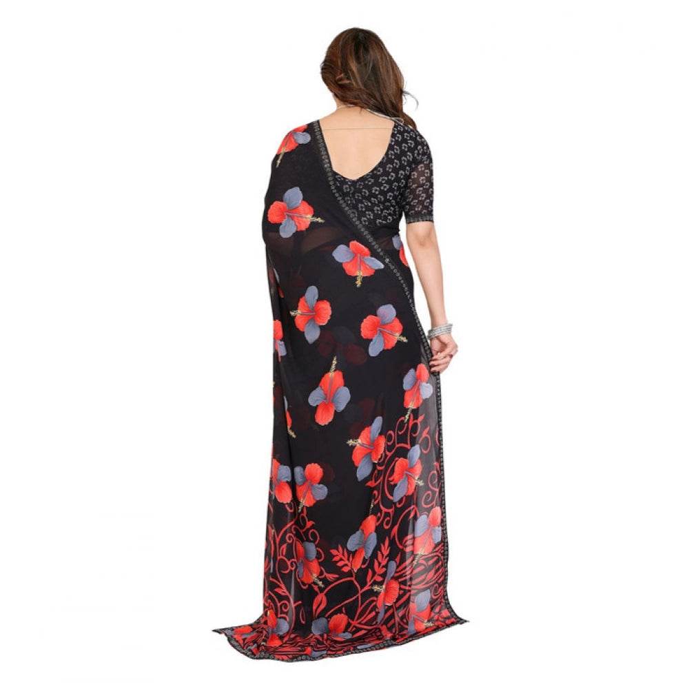 Generic Women's Georgette Printed Saree With Unstitched Blouse 5.5Mtr (Black) - MYLUXURY LANE ENTERPRISE