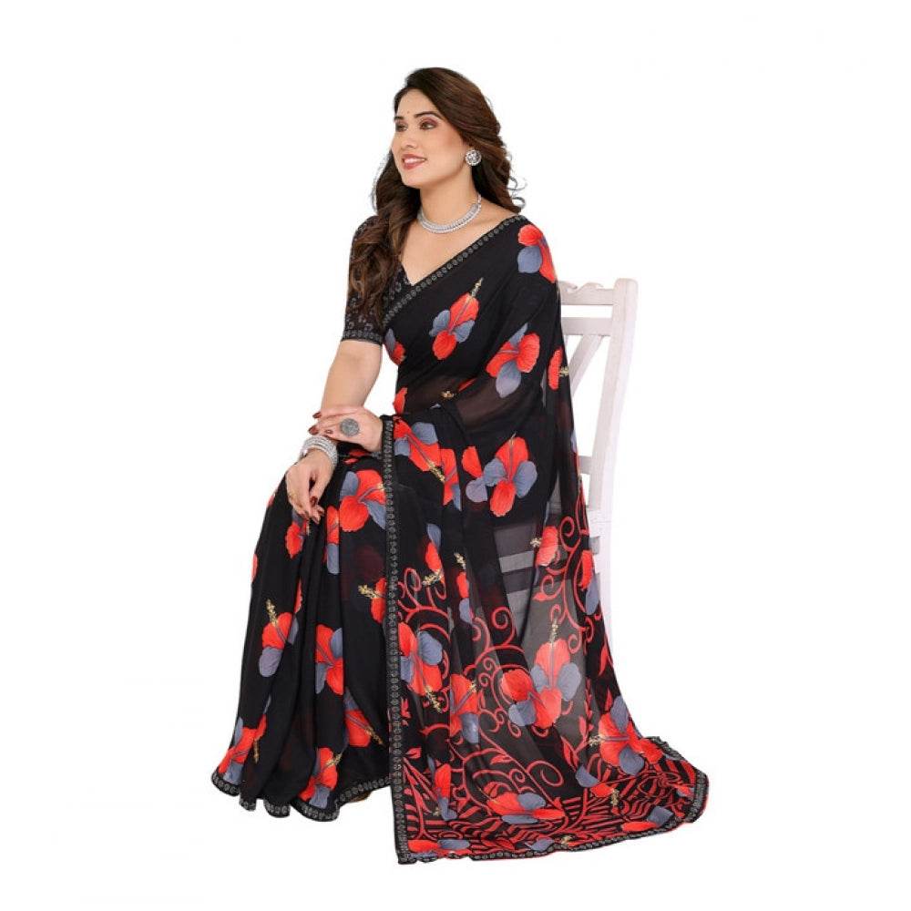 Generic Women's Georgette Printed Saree With Unstitched Blouse 5.5Mtr (Black) - MYLUXURY LANE ENTERPRISE