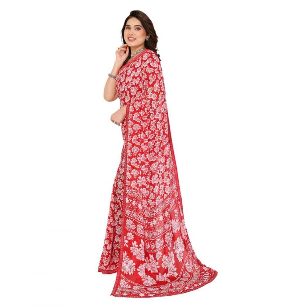 Generic Women's Georgette Printed Saree With Unstitched Blouse 5.5Mtr (Red) - MYLUXURY LANE ENTERPRISE