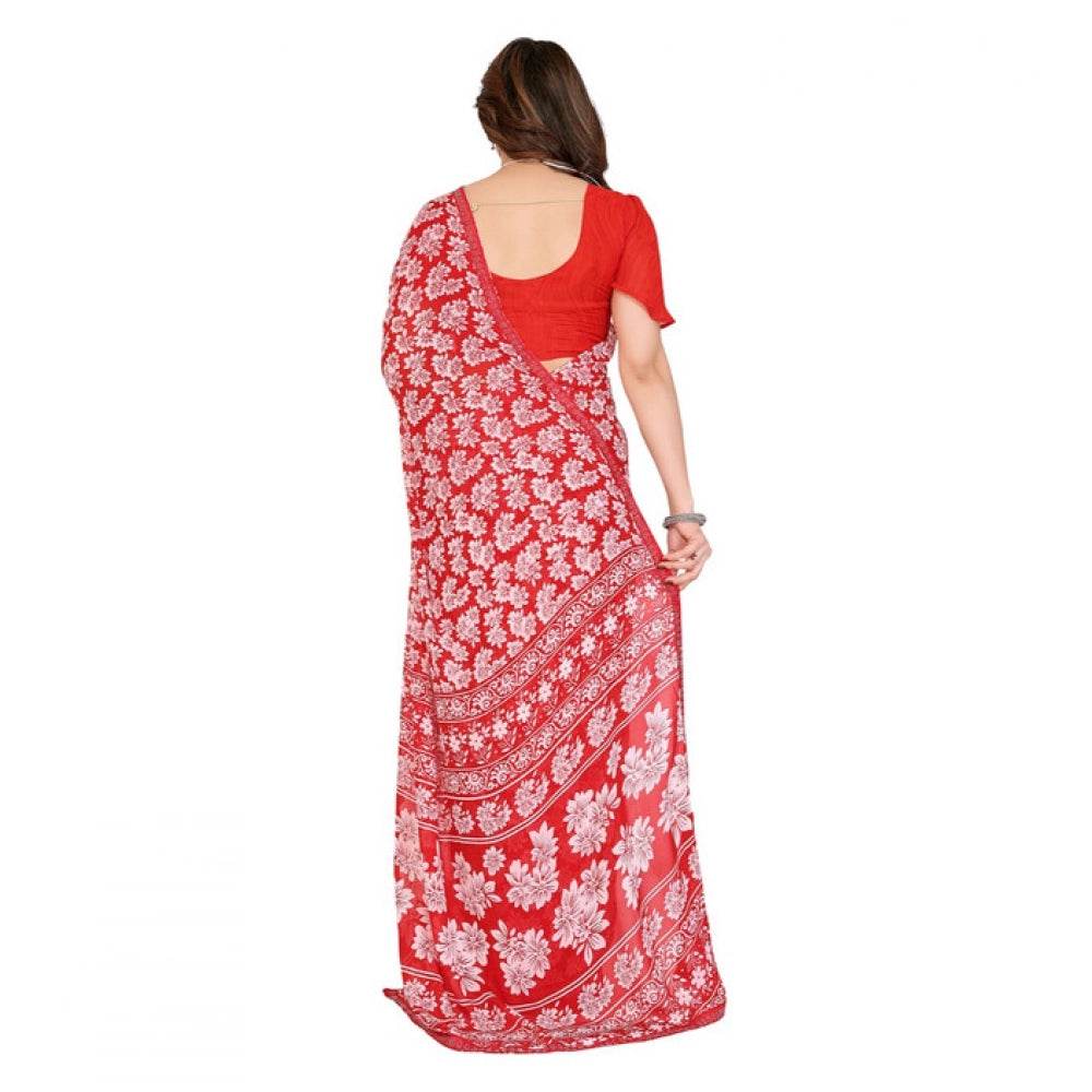 Generic Women's Georgette Printed Saree With Unstitched Blouse 5.5Mtr (Red) - MYLUXURY LANE ENTERPRISE
