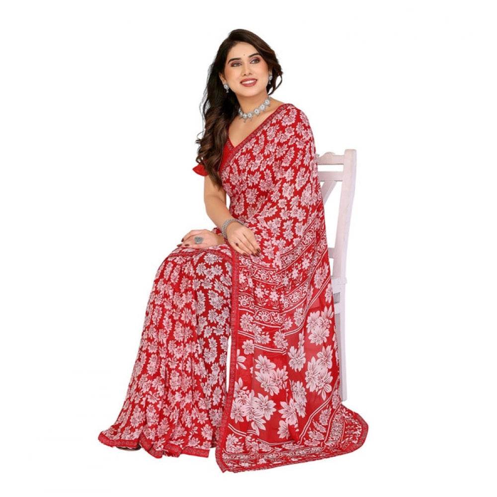 Generic Women's Georgette Printed Saree With Unstitched Blouse 5.5Mtr (Red) - MYLUXURY LANE ENTERPRISE