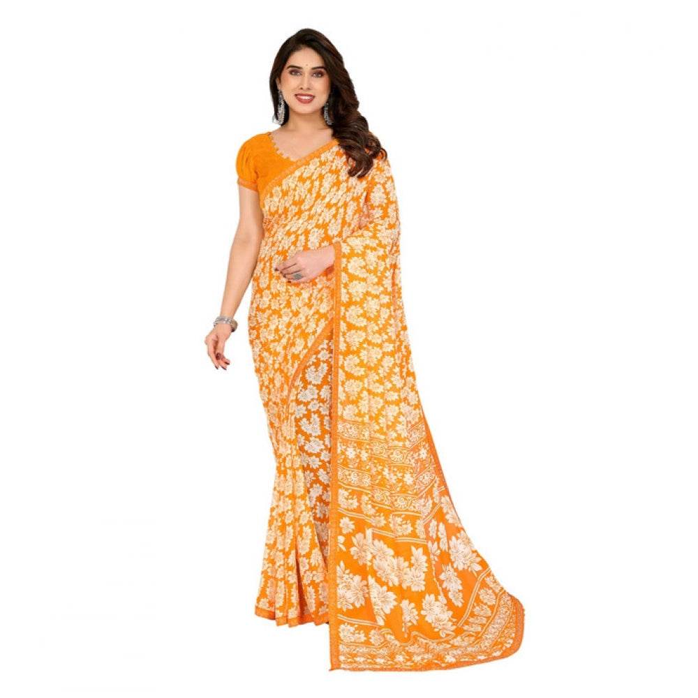 Generic Women's Georgette Printed Saree With Unstitched Blouse 5.5Mtr (Yellow) - MYLUXURY LANE ENTERPRISE
