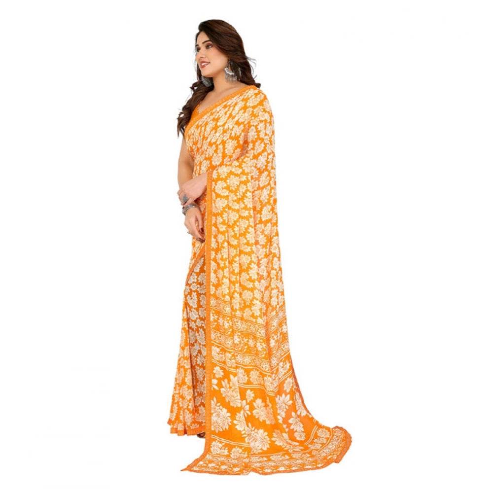 Generic Women's Georgette Printed Saree With Unstitched Blouse 5.5Mtr (Yellow) - MYLUXURY LANE ENTERPRISE