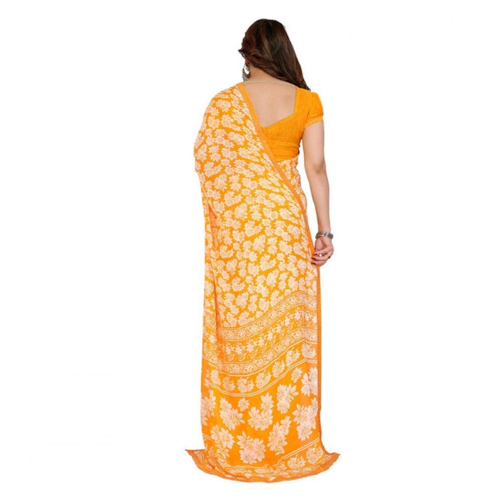 Generic Women's Georgette Printed Saree With Unstitched Blouse 5.5Mtr (Yellow) - MYLUXURY LANE ENTERPRISE