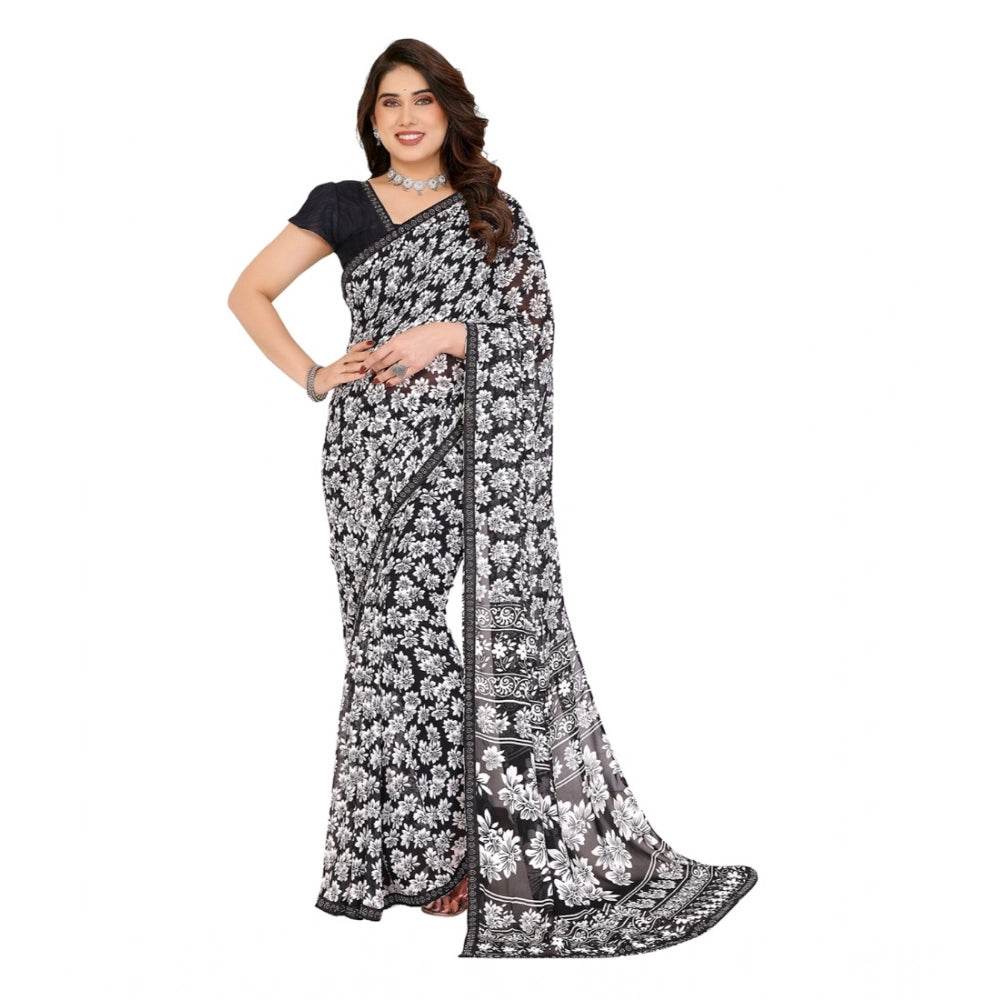 Generic Women's Georgette Printed Saree With Unstitched Blouse 5.5Mtr (Black) - MYLUXURY LANE ENTERPRISE