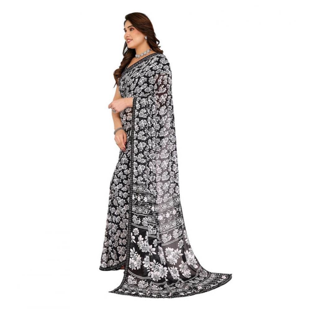 Generic Women's Georgette Printed Saree With Unstitched Blouse 5.5Mtr (Black) - MYLUXURY LANE ENTERPRISE