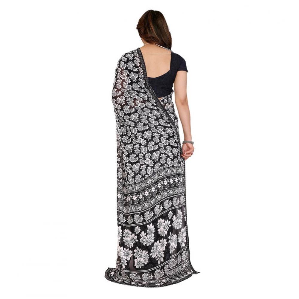Generic Women's Georgette Printed Saree With Unstitched Blouse 5.5Mtr (Black) - MYLUXURY LANE ENTERPRISE
