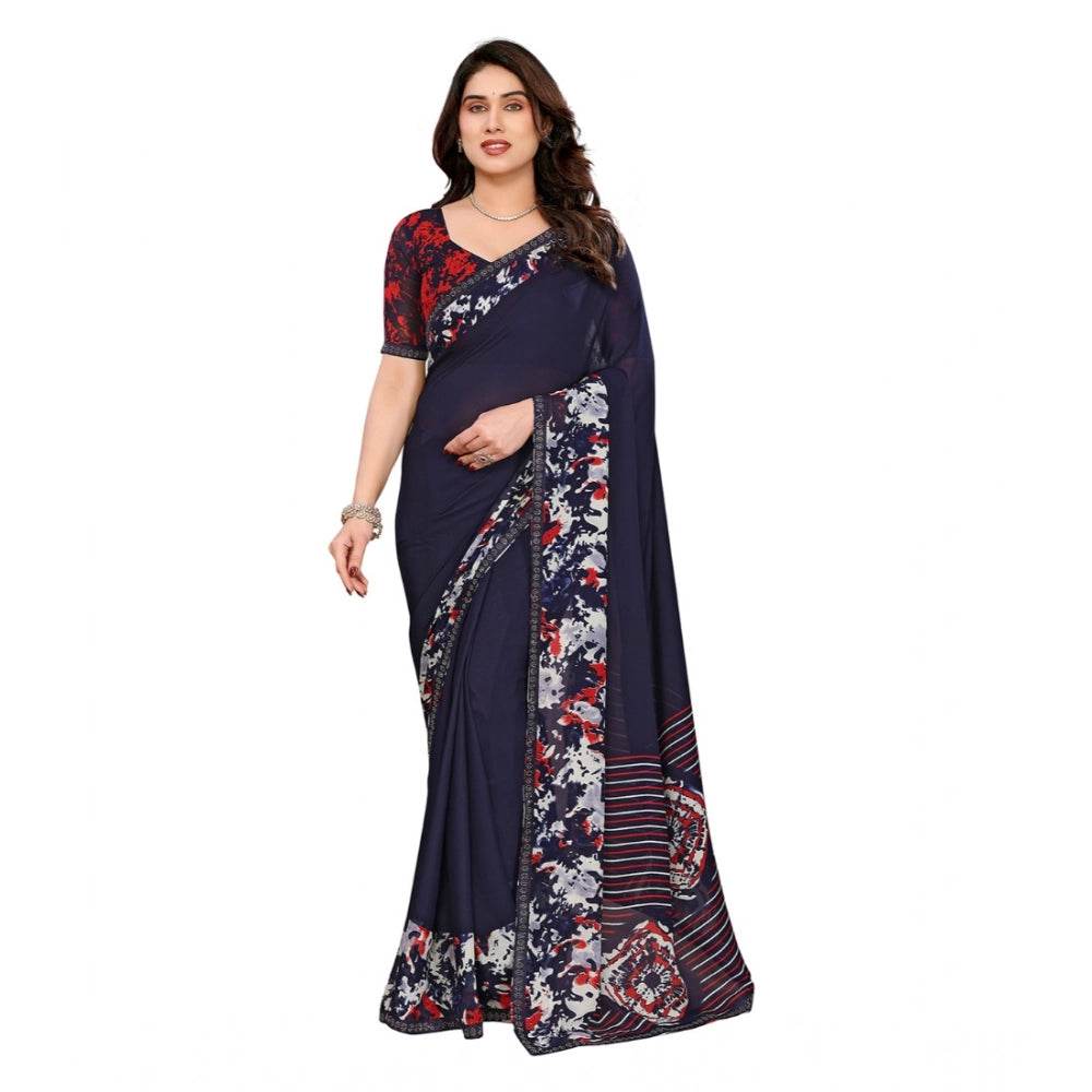 Generic Women's Georgette Printed Saree With Unstitched Blouse 5.5Mtr (Navy Blue) - MYLUXURY LANE ENTERPRISE