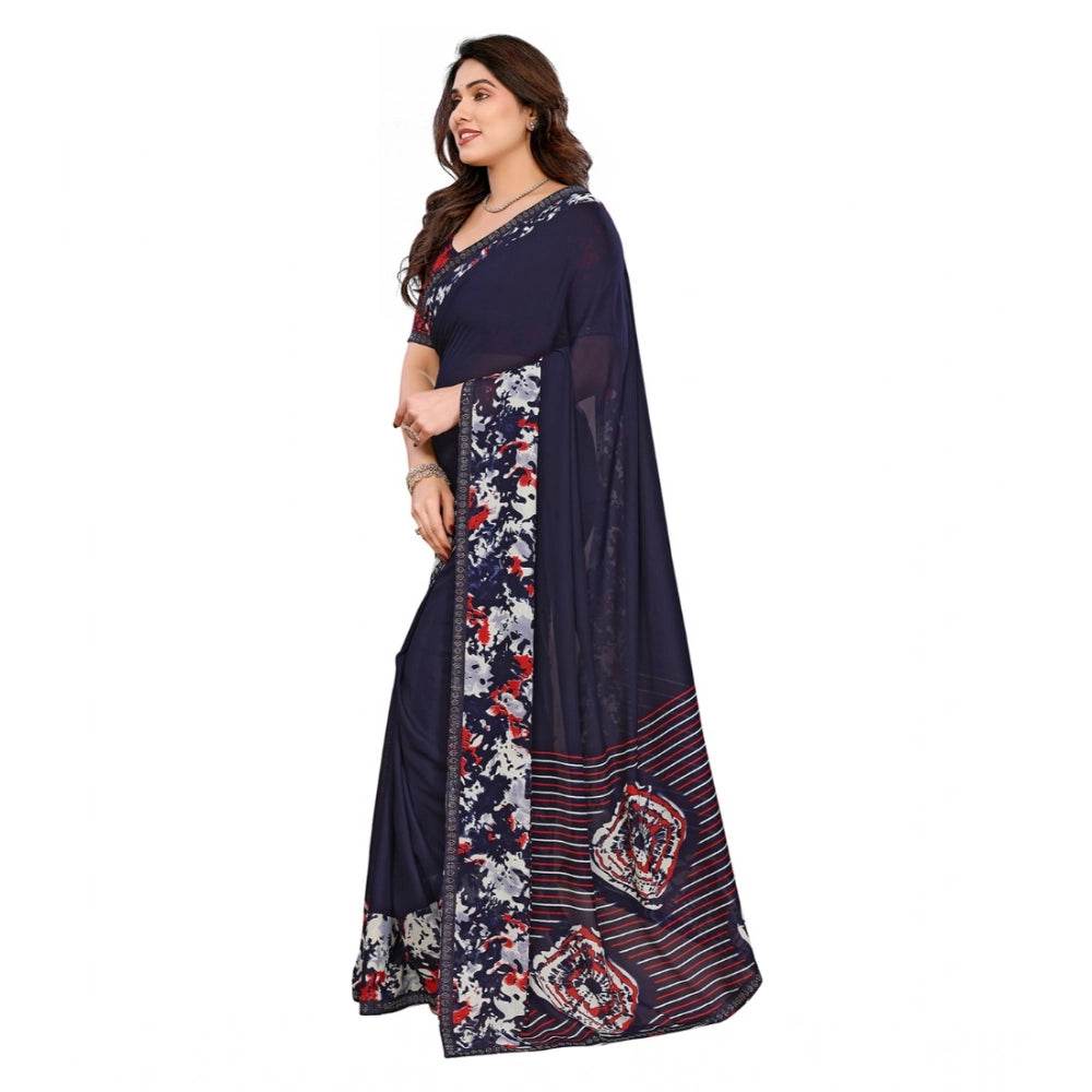 Generic Women's Georgette Printed Saree With Unstitched Blouse 5.5Mtr (Navy Blue) - MYLUXURY LANE ENTERPRISE