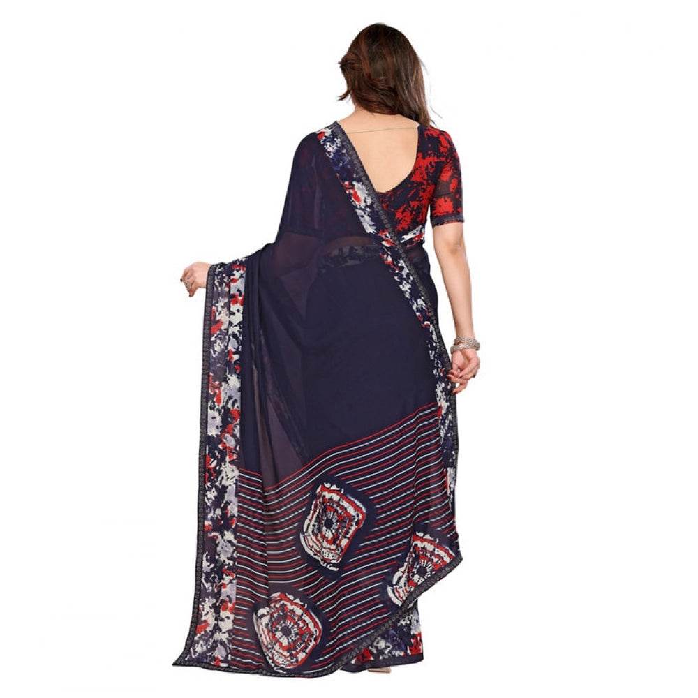 Generic Women's Georgette Printed Saree With Unstitched Blouse 5.5Mtr (Navy Blue) - MYLUXURY LANE ENTERPRISE