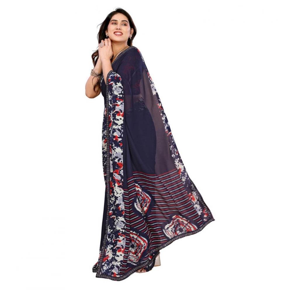 Generic Women's Georgette Printed Saree With Unstitched Blouse 5.5Mtr (Navy Blue) - MYLUXURY LANE ENTERPRISE