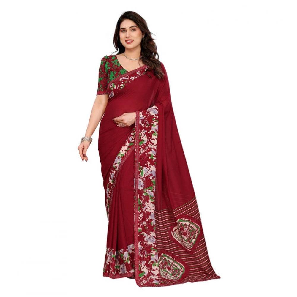Generic Women's Georgette Printed Saree With Unstitched Blouse 5.5Mtr (Red) - MYLUXURY LANE ENTERPRISE