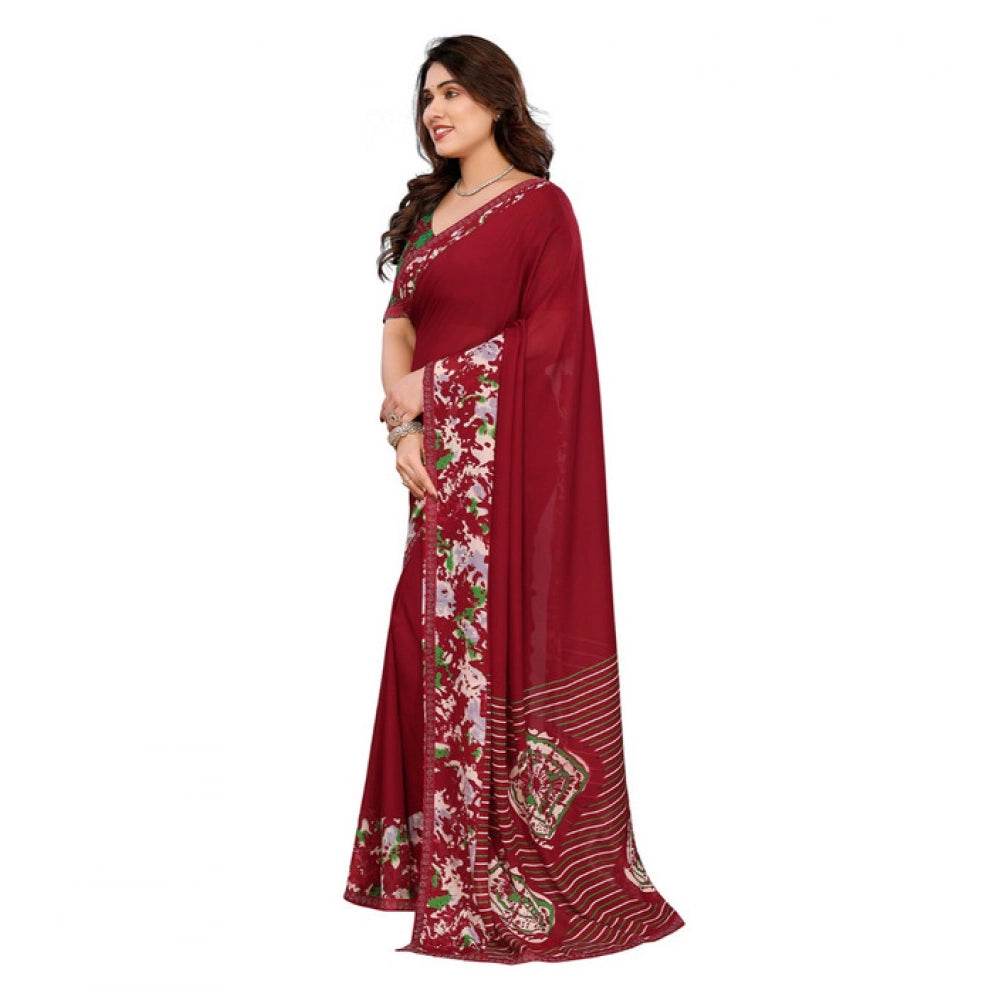 Generic Women's Georgette Printed Saree With Unstitched Blouse 5.5Mtr (Red) - MYLUXURY LANE ENTERPRISE