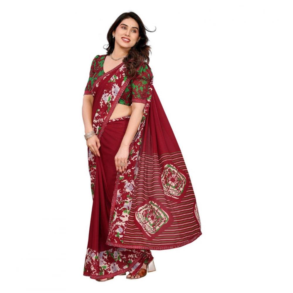 Generic Women's Georgette Printed Saree With Unstitched Blouse 5.5Mtr (Red) - MYLUXURY LANE ENTERPRISE