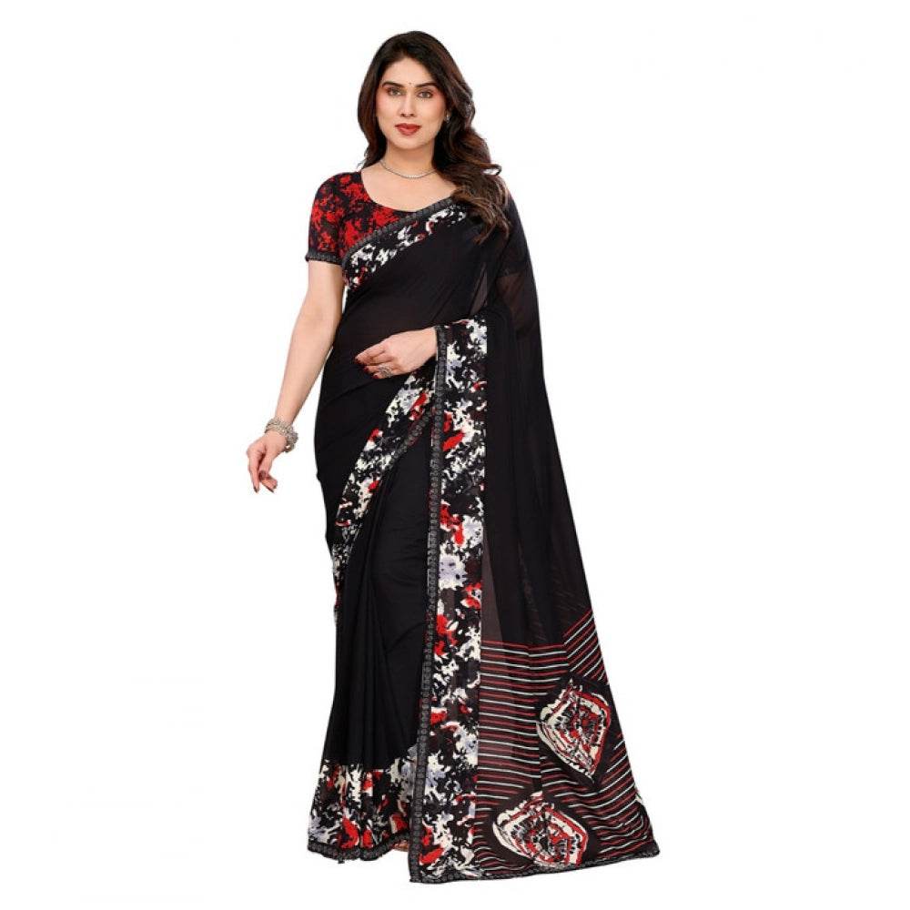 Generic Women's Georgette Printed Saree With Unstitched Blouse 5.5Mtr (Black) - MYLUXURY LANE ENTERPRISE