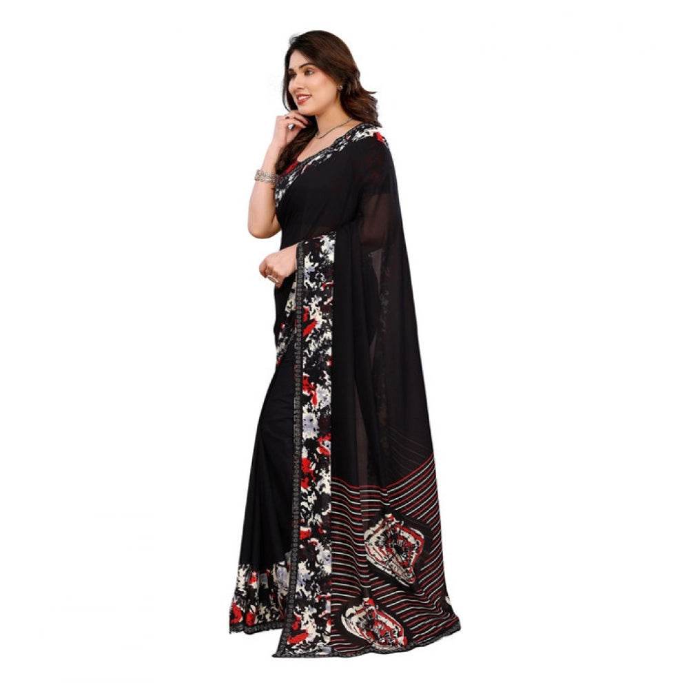 Generic Women's Georgette Printed Saree With Unstitched Blouse 5.5Mtr (Black) - MYLUXURY LANE ENTERPRISE